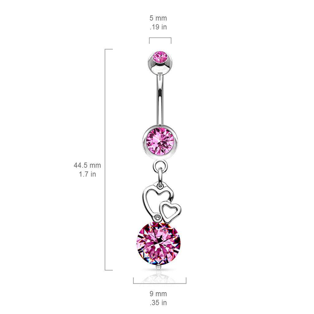 316L Surgical Steel Extra Large CZ With Floating Hearts Belly Button Ring size chart