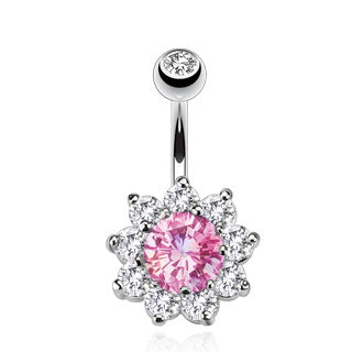 316L Surgical Steel Flower Multi CZ Prong Set Belly Button Ring