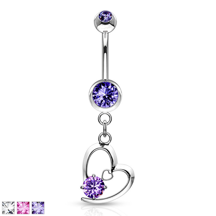 316L Surgical Steel Hollow Heart With Prong CZ Dangle Belly Button Ring