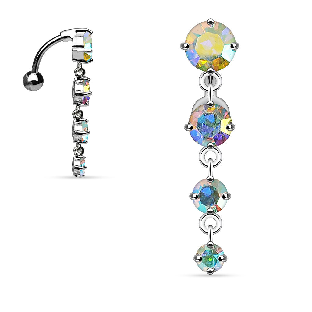 316L Surgical Steel 4-Vertical CZ Top-Drop Belly Button Ring - Aurora Borealis