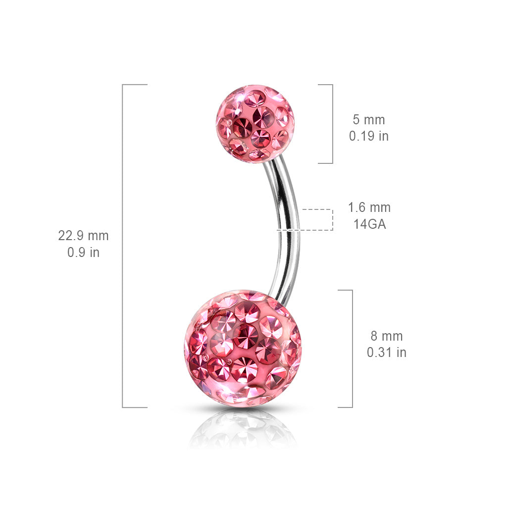 316L Internally Threaded Belly Ring With Ferido Crystal Balls size chart