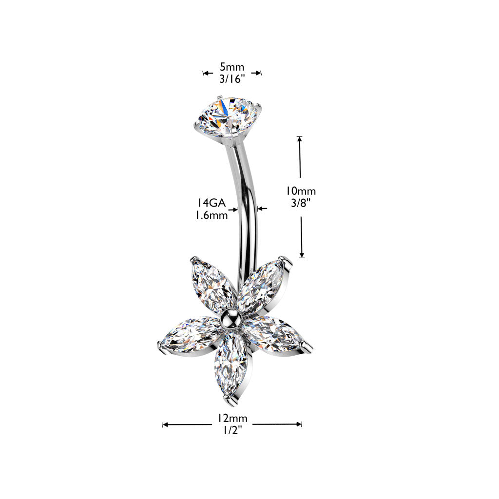 316L Surgical Steel Internally Threaded Marquise CZ Flower Belly Button Ring With Round CZ Prong Set Top size chart
