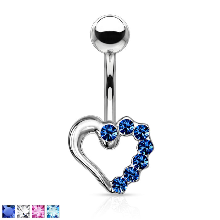 Half CZ Paved Hollow Heart 316L Surgical Steel Belly Ring