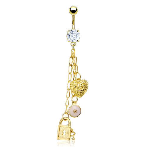 316L Surgical Steel Gemmed Belly Ring With Chained Heart And Lock Dangle