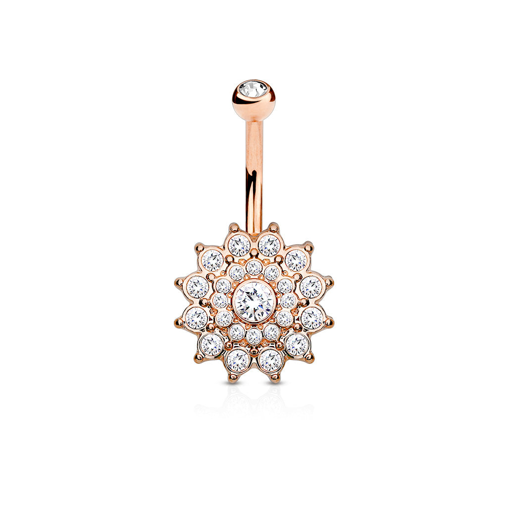Crystal Paved Dahlia Belly Ring - Rose Gold/Clear