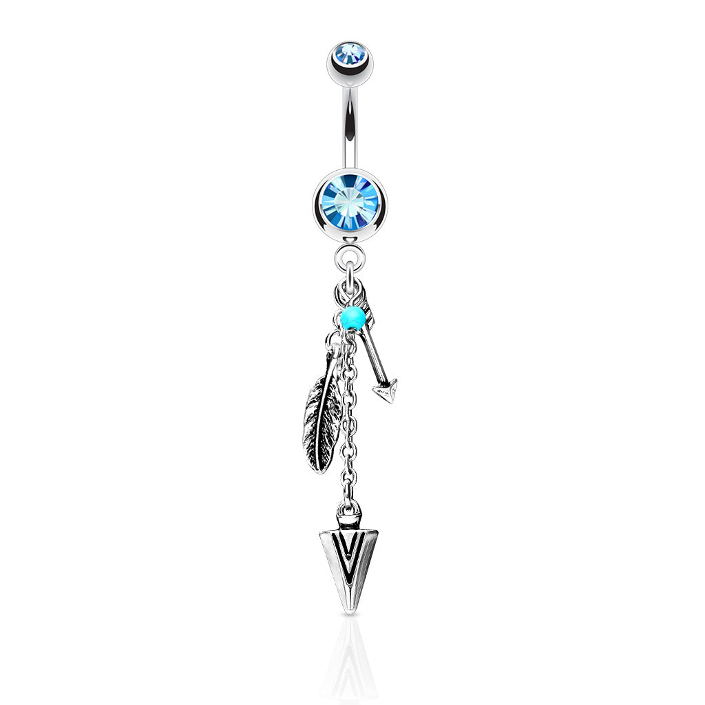 316L Surgical Steel Turquoise and Tribal Feather and Arrows Dangle Double Jeweled Belly Button Ring - Aqua