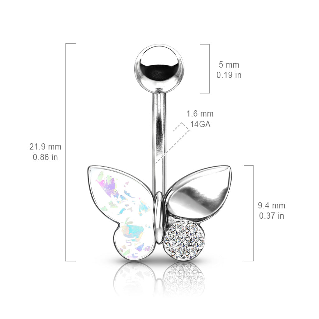 316L Surgical Steel Butterfly With Opal Glitter Filled and Crystal Paved Wings Belly Button Ring size chart