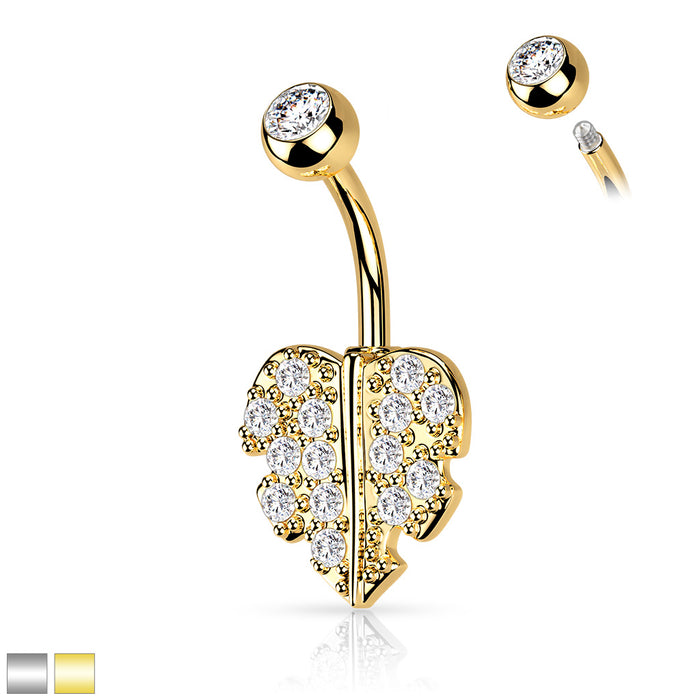 316L Surgical Steel Heart Leaf With Gem Paved Belly Button Ring