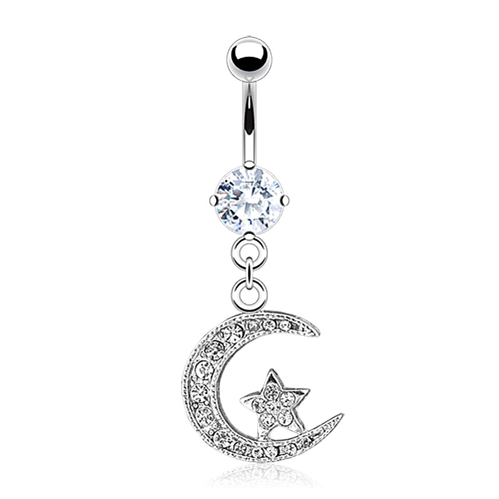 316L Surgical Steel CZ Paved Crescent With Star Dangle Belly Button Ring - all colors