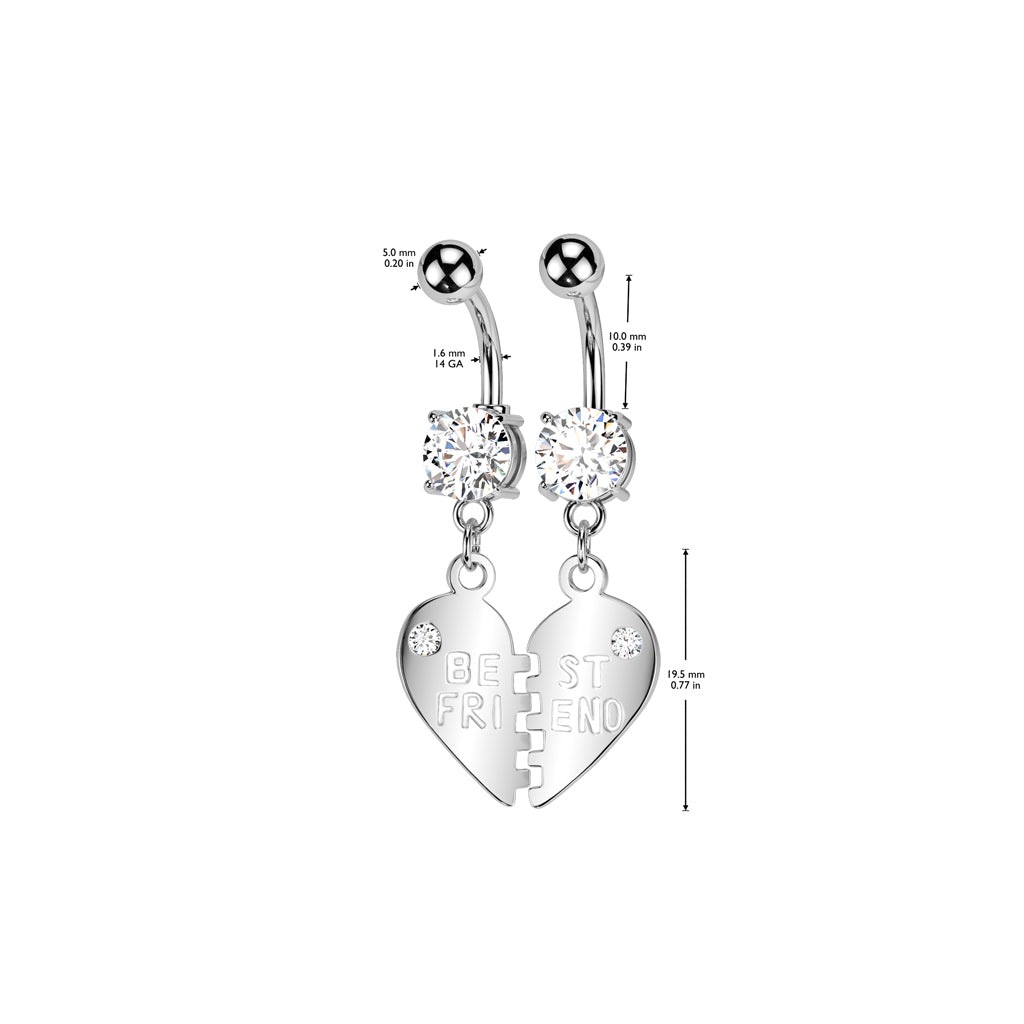 Pair of "Best Friend" Charm Pendent CZ Navel Ring size chart