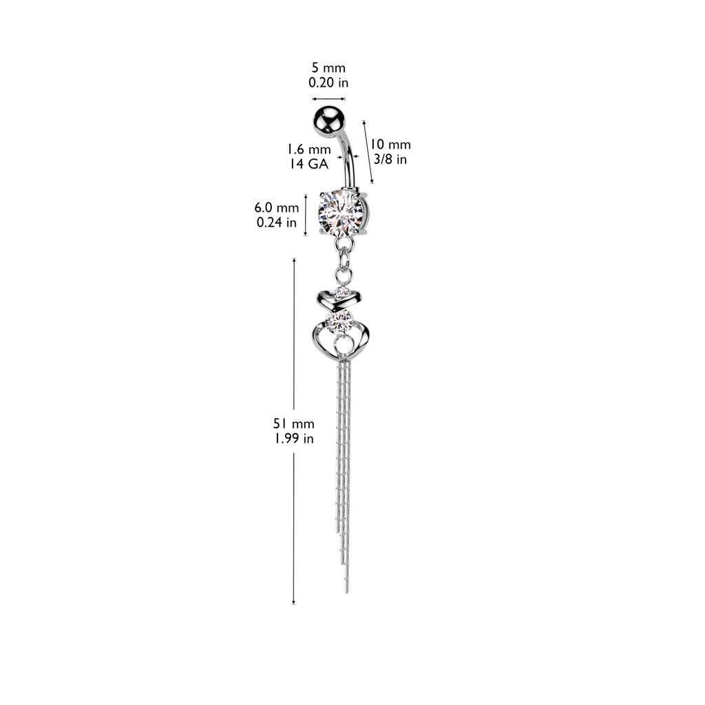 316L Surgical Steel CZ Centered Double Hearts With Chain End Dangle Belly Button Ring size chart