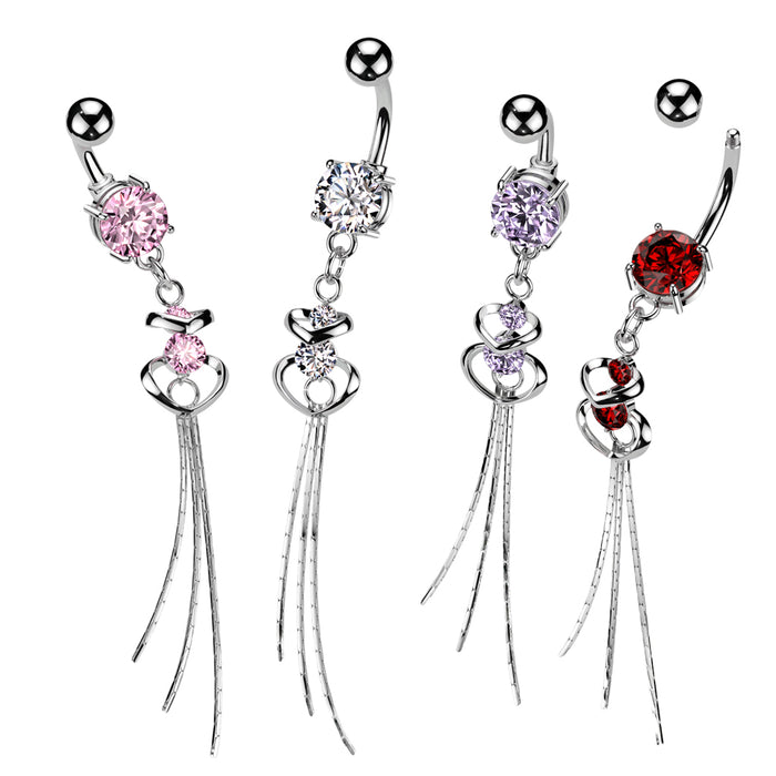 316L Surgical Steel CZ Centered Double Hearts With Chain End Dangle Belly Ring