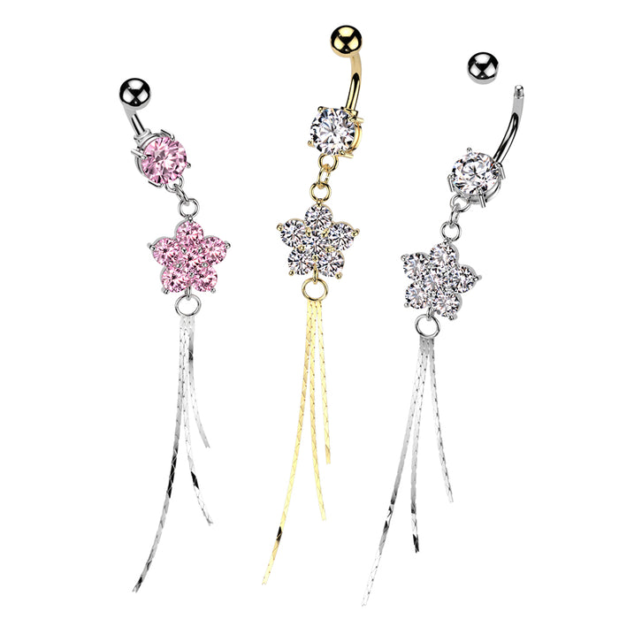 316L Surgical Steel 6mm CZ Flower With 3 Chain Dangle Belly Button Ring
