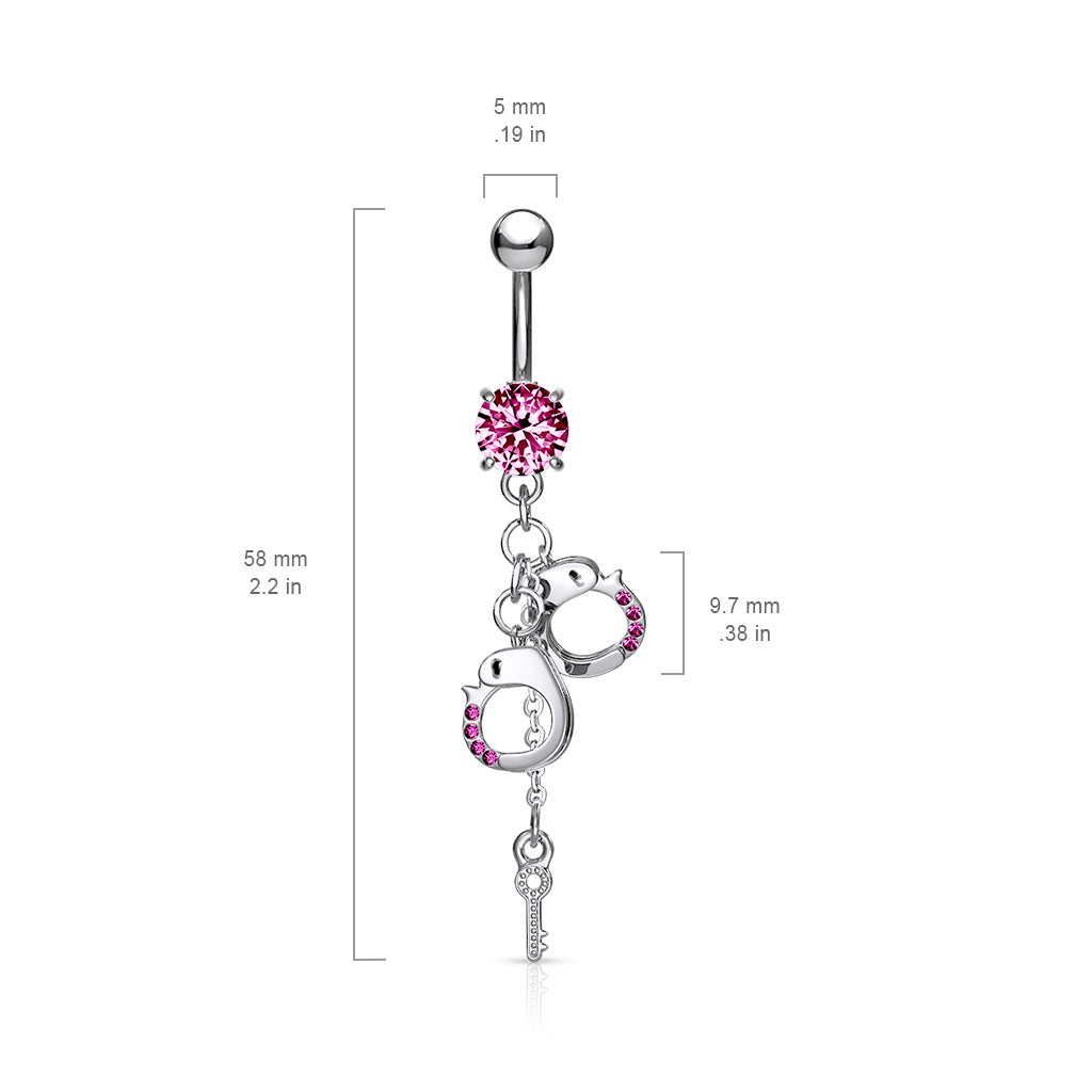 316L Surgical Steel Dangling Gem Handcuffs and Key Prong Set Belly Button Ring size chart