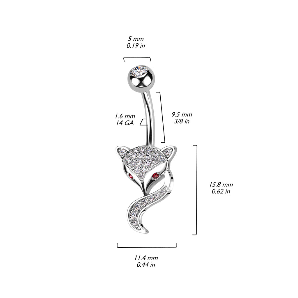 316L Surgical Steel Fox Belly Ring With Pave CZ's and Red CZ Eyes size chart