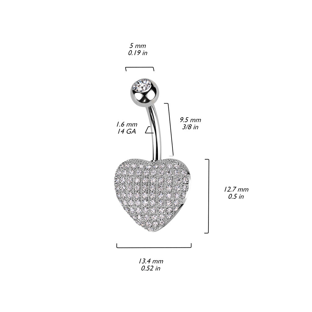316L Surgical Steel 3D Heart Belly Ring With Pave CZ size chart