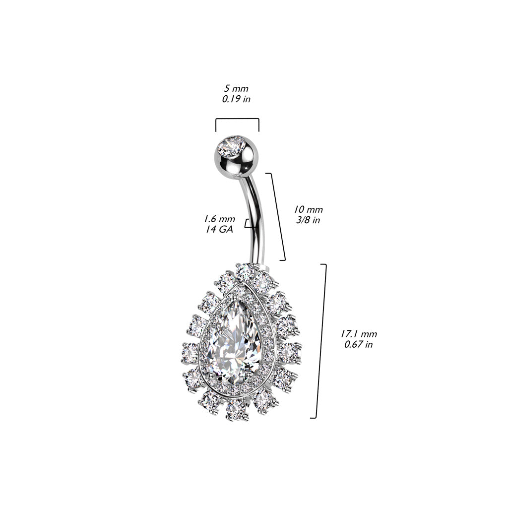 316L Surgical Steel Belly Ring With Large Teardrop CZ Center and Pave CZ Edge size chart
