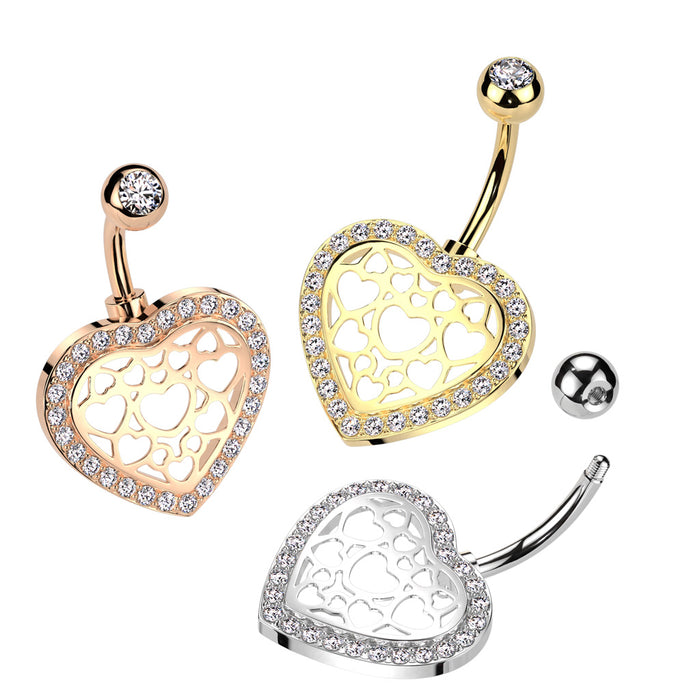 316L Surgical Steel Belly Ring With Hollow Heart Center And Pave CZ Edge