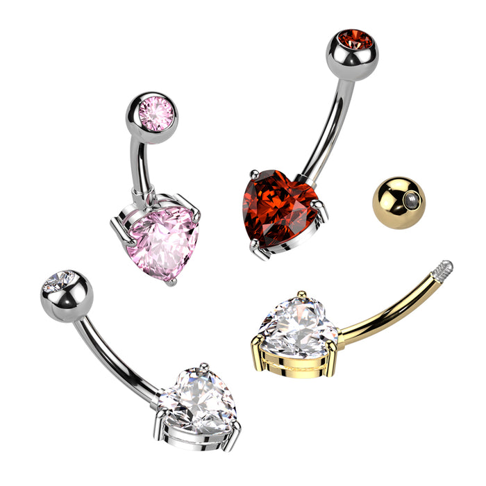 Implant Grade Titanium Press Fit CZ Top With Heart Prong Set CZ Belly Ring