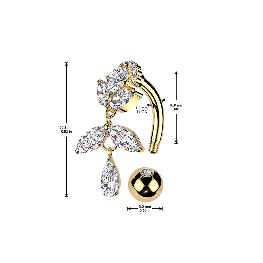 Implant Grade Titanium Brass Top Down Arch CZ Top With Marquise CZ Vine Dangle Belly Button Ring size chart