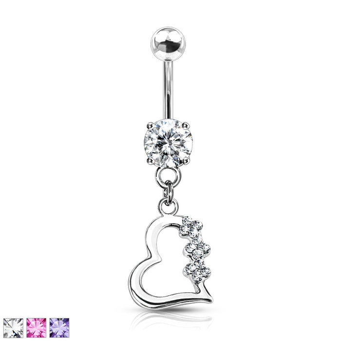 Heart With 3 Gem Flowers Belly Ring With Titanium Shaft And Rhodium Plating