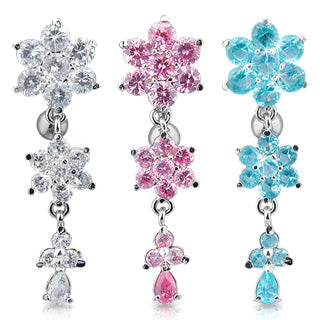Round CZ Flower Top Down Belly Ring With Titanium Shaft And Rhodium Plating