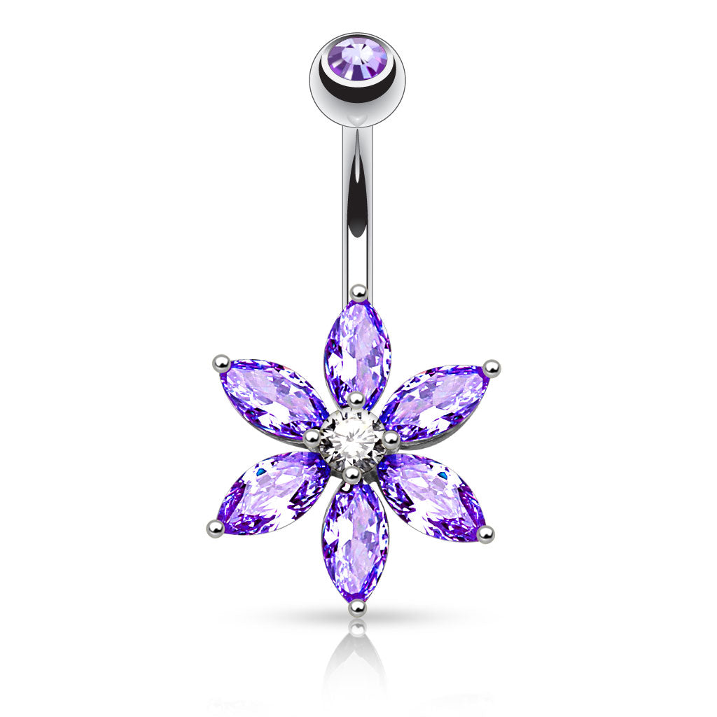 316L Surgical Steel 6 Marquise Cut CZ Petal Flower Belly Button Ring - Tanzanite Clear