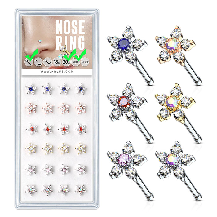 24-Piece Box 6 CZ Flower 20G 316L Surgical Steel Nose Studs (6 Colors)