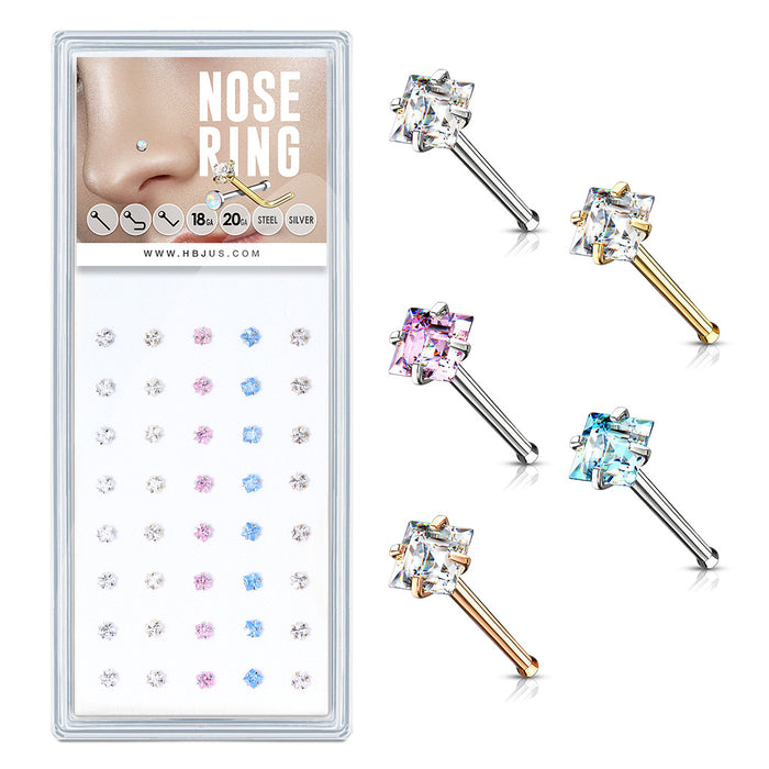 40-Piece Box Prong Set Square CZ 316L Surgical Steel Nose Studs (5 Colors)