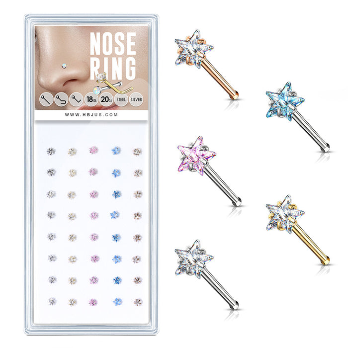 40-Piece Box Prong Set Star CZ 316L Surgical Steel Nose Studs (5 Colors)