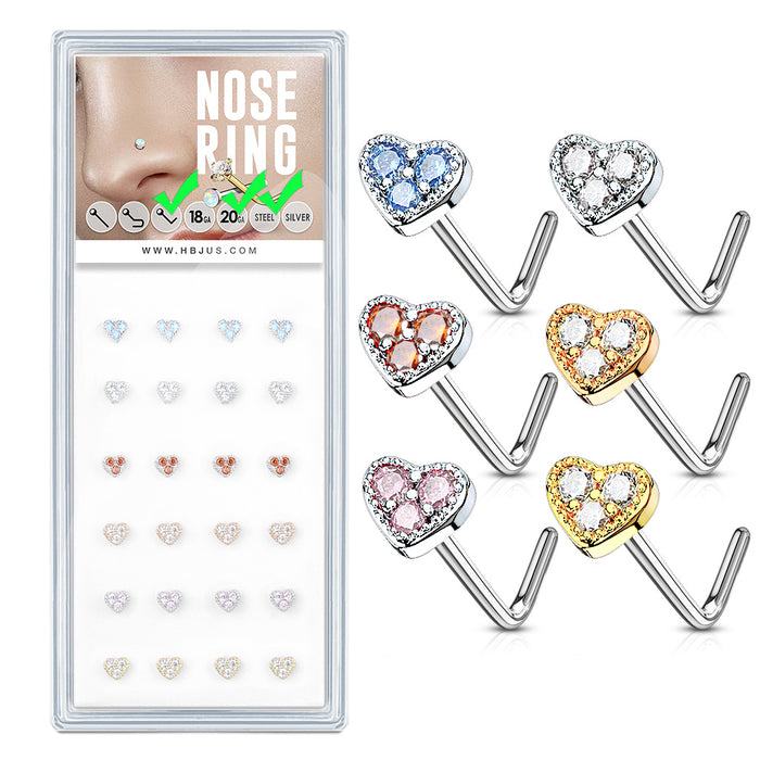 24-Piece Pack CZ Paved Heart 20G 316L Surgical Steel L Bend Nose Studs