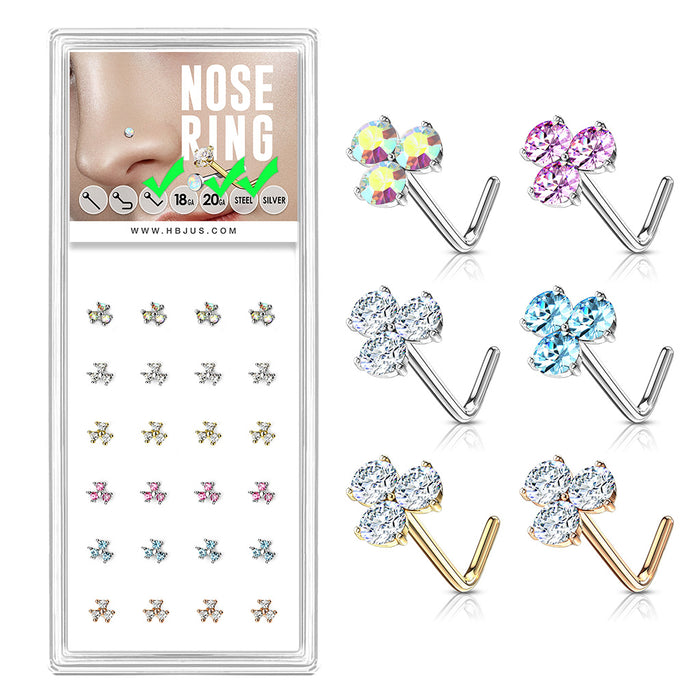 24-Piece Pack Round CZ Triangle 20G 316L Surgical Steel L Bend Nose Studs