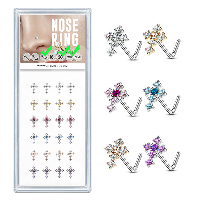 24-Piece Pack CZ Cross 20G 316L Surgical Steel L Bend Nose Studs