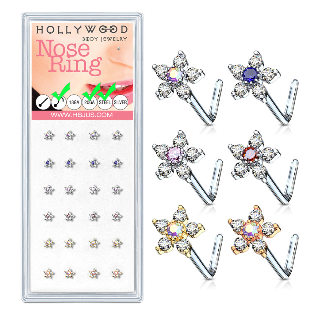 24 Pcs 6 CZ Flower Top "L" Bend 20 Gauge 316L Surgical Steel Nose Bone Package - all colors