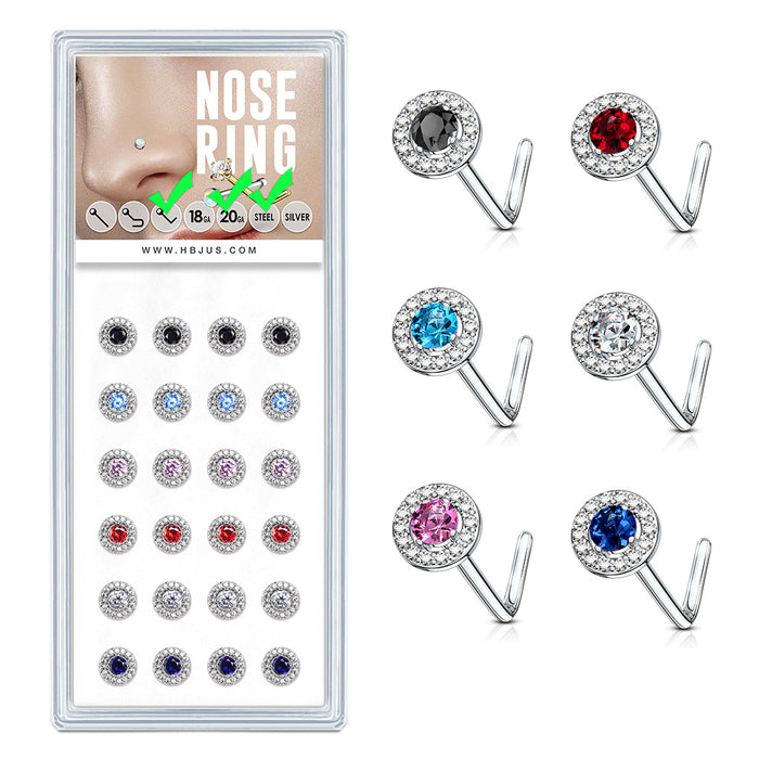 24-Piece Pack Double Tiered CZ 20G 316L Surgical Steel L Bend Nose Studs