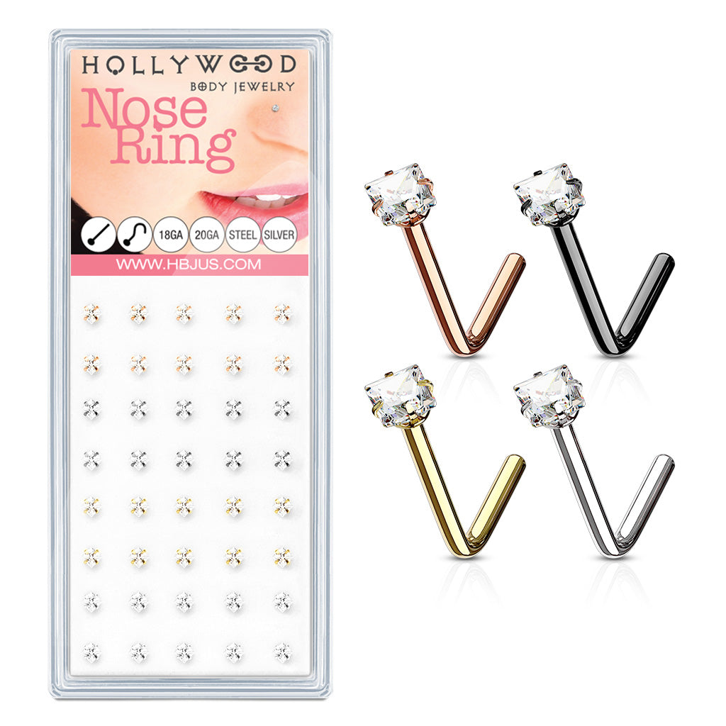 40 Pcs Pre Loaded 2.5mm Clear Sqaure CZ Prong Set IP Over 316L Surgical Steel "L" Bend Nose Stud Ring Package - all colors