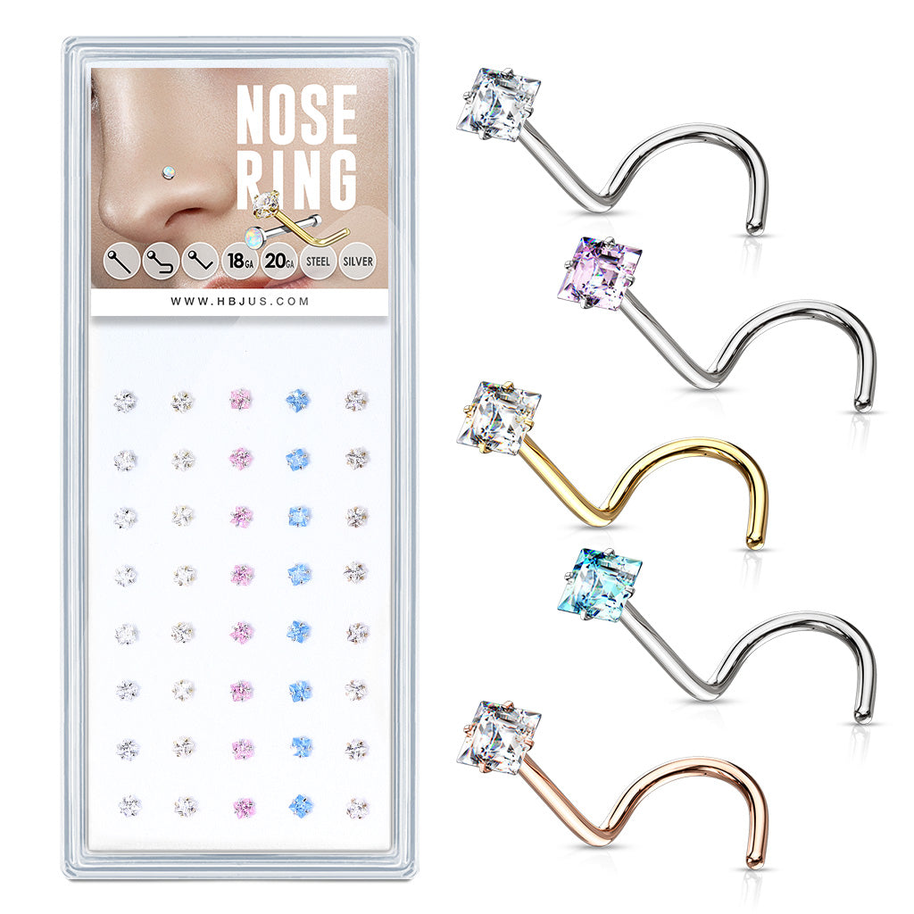 40 Pcs Mixed Colored Pre Loaded Box of Prong Set Square CZ Top 316L Surgical Steel Nose Screw Pack - all colors
