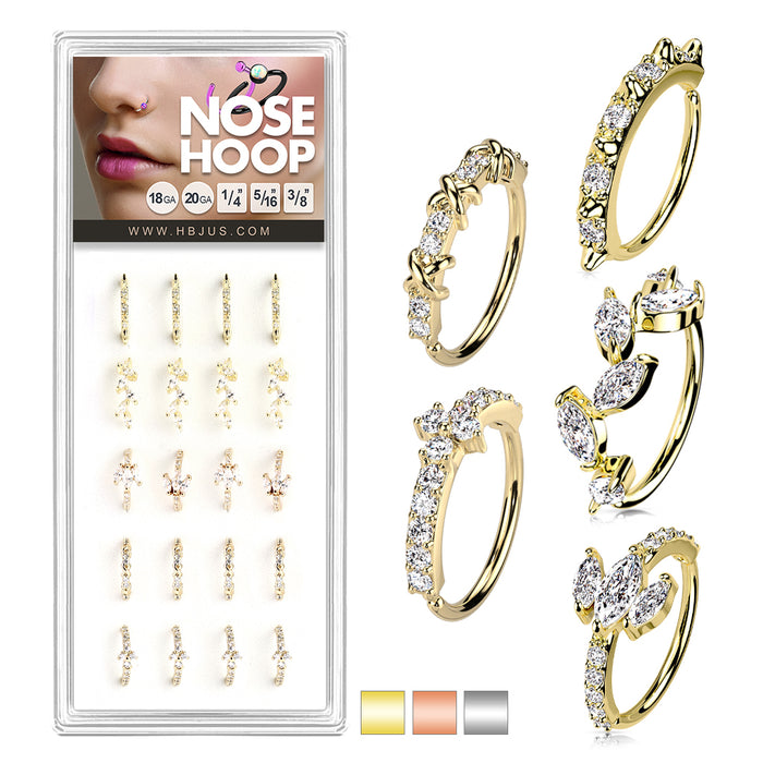 20-Piece Pack Mixed Style CZ Paved Nose Hoop Rings (5 Styles)