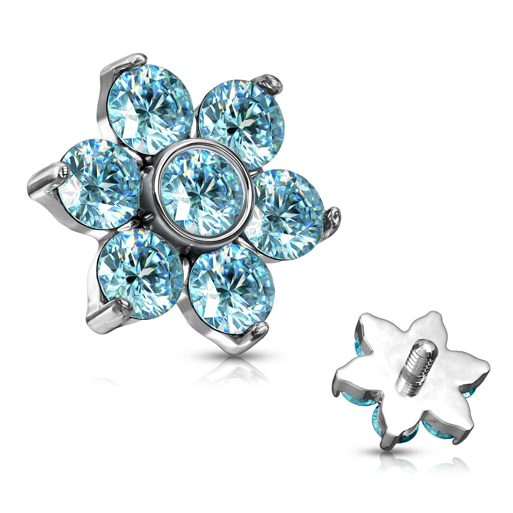 Zircon Prong Set Flower 316L Surgical Steel Internally Threaded Top Parts For Labret, Dermal and More - Aqua