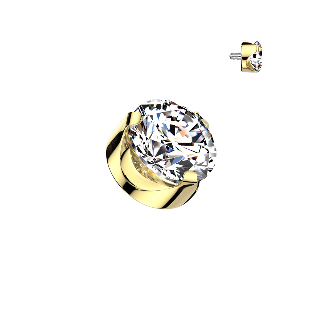 Implant Grade Titanium Internally Threaded Flat Back Semi Bezel Set Round CZ Top - Gold/Clear