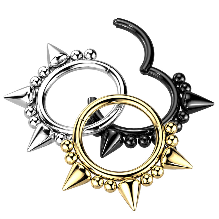 316L Surgical Steel Hinged Segment Hoop Ring With 3 Spikes And Balls