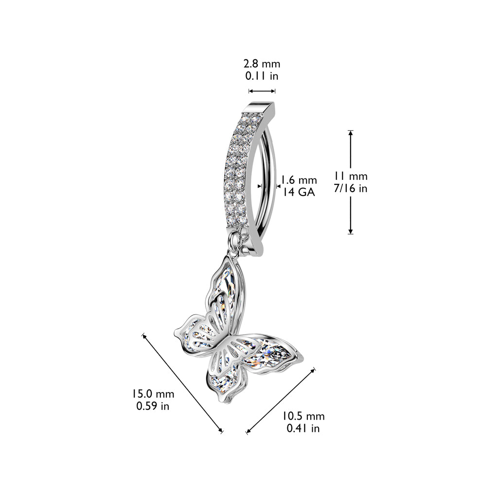 316L Surgical Steel Hinged Double Line Pave CZ Belly Button Ring With CZ Butterfly Dangle size chart
