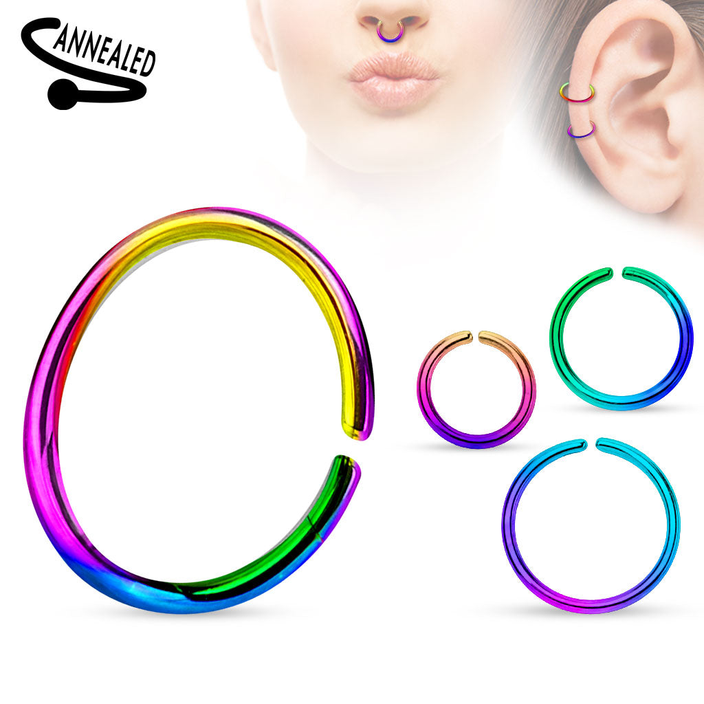 Titanium Anodized over 316L Surgical Steel Annealed and Rounded Ends Cut Rings - Rainbow