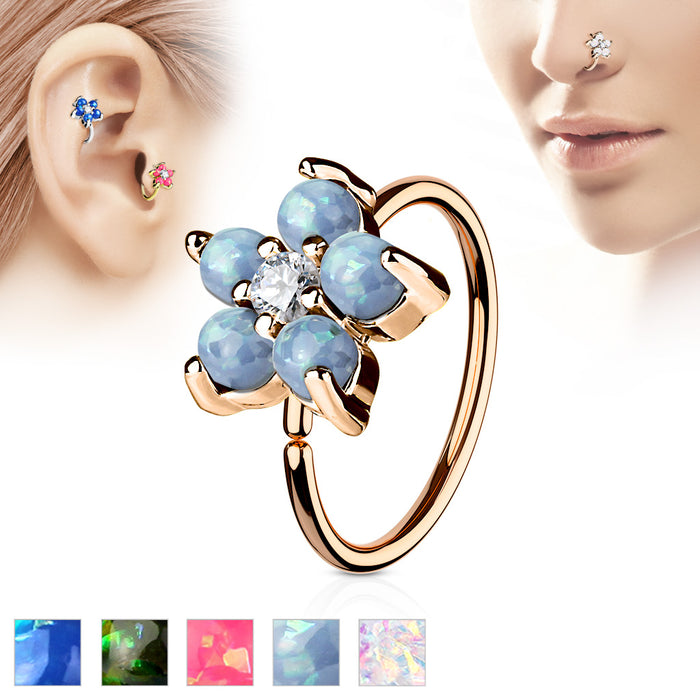 Rose Gold IP Opal Glitter Flower Petal With CZ Center 316L Steel Hoop Ring