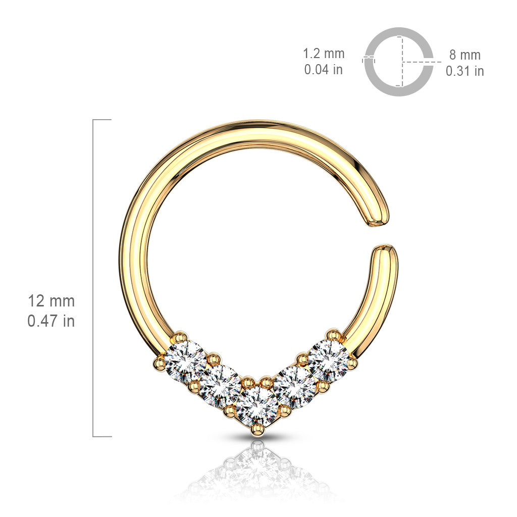 5 CZ Set V Shaped on Round Bendable Cut Ring for Cartilage, Tragus, Septum, and More size chart