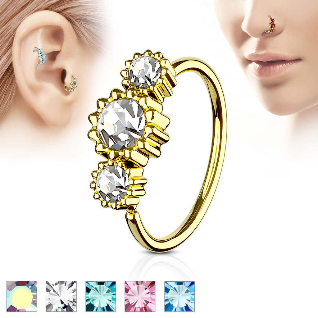 3 Round CZ Set Gold IP Plated 316L Surgical Steel Hoop Ring for Nose & Ear Cartilage - all colors