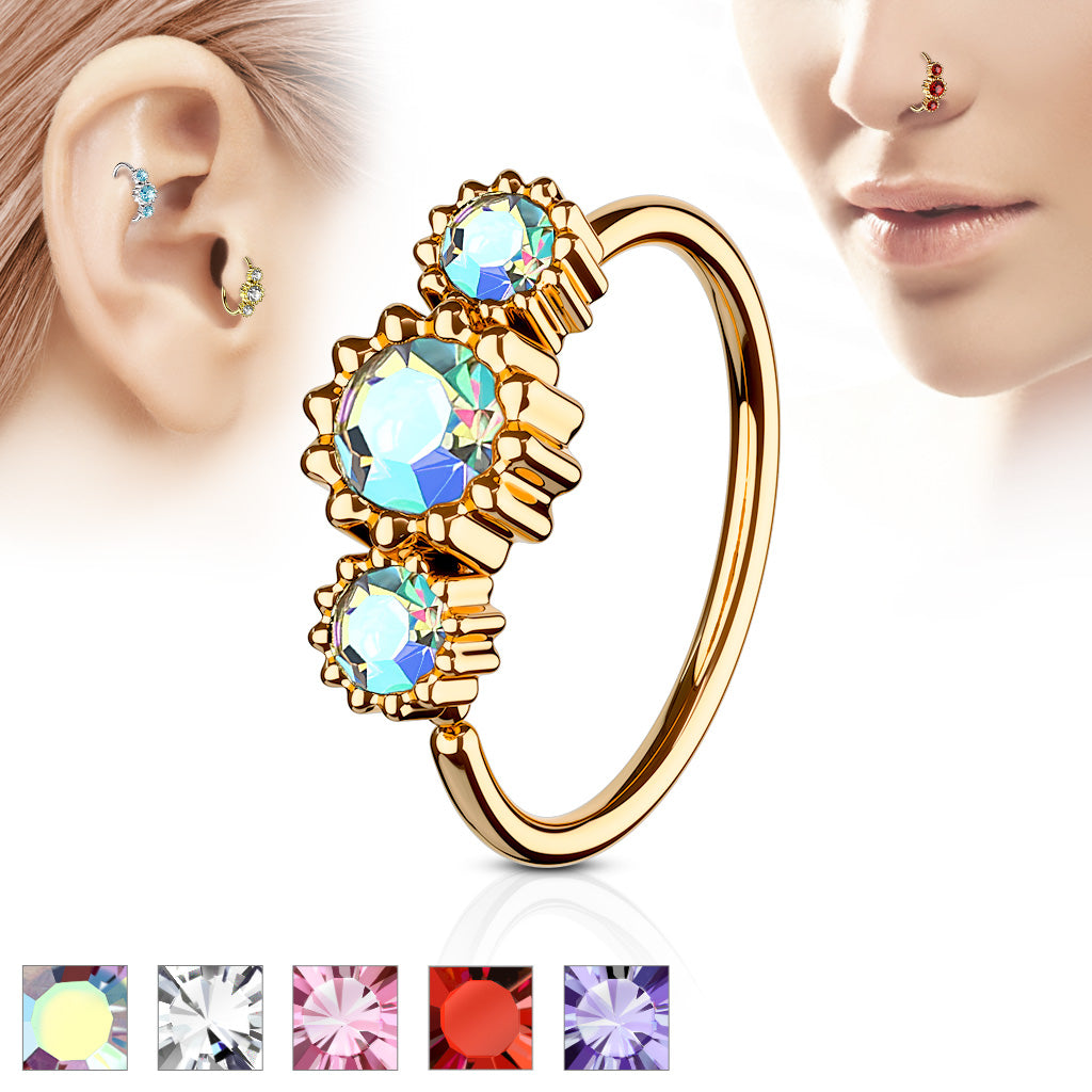 3 Round CZ Set Rose Gold IP Plated 316L Surgical Steel Hoop Ring for Nose & Ear Cartilage - all colors