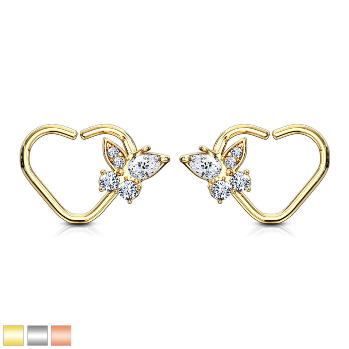 CZ Butterfly Set Heart Shape Ear Cartilage And Daith Hoop Rings