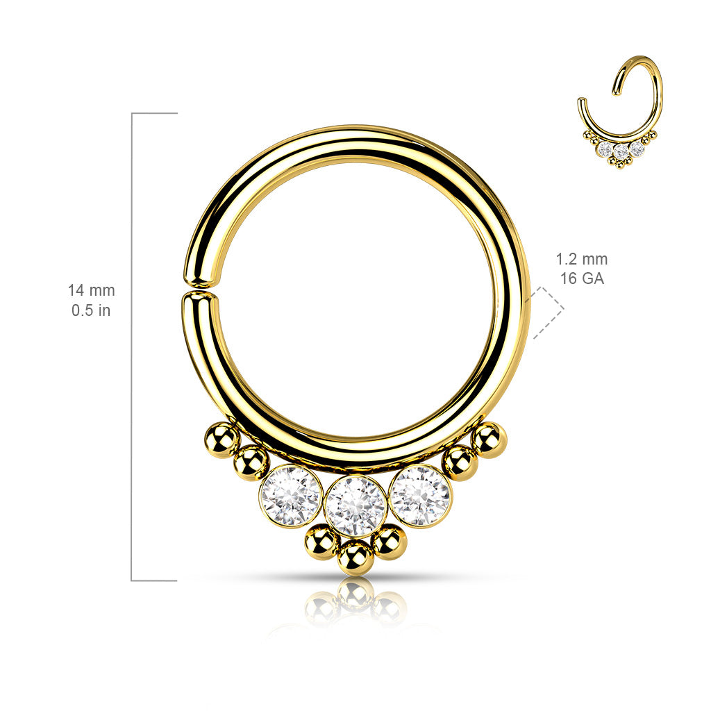 3 CZ Round Flat Ball With Cluster Bead All 316L Surgical Steel Bendable Hoop Ring for Cartilage, Nose Septum and More size chart