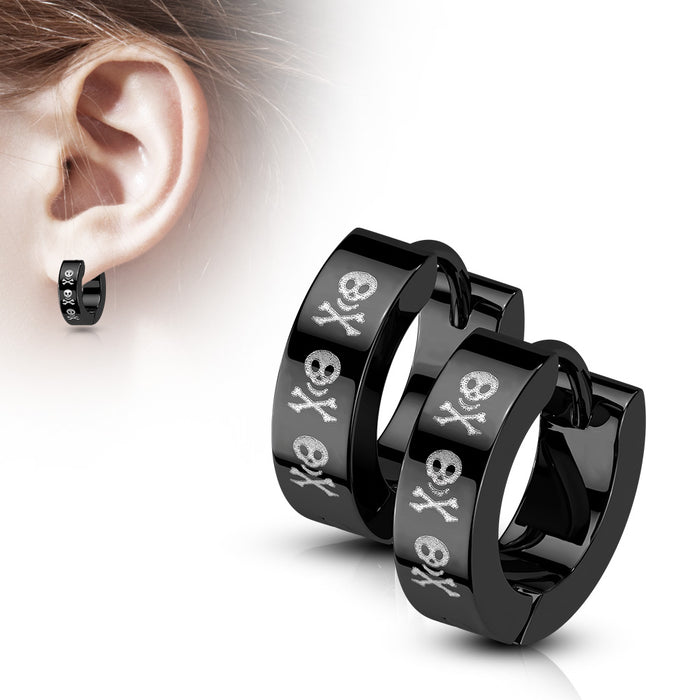 Pair of 316L Surgical Steel Black PVD Hinged Hoop Earrings With Three Skulls